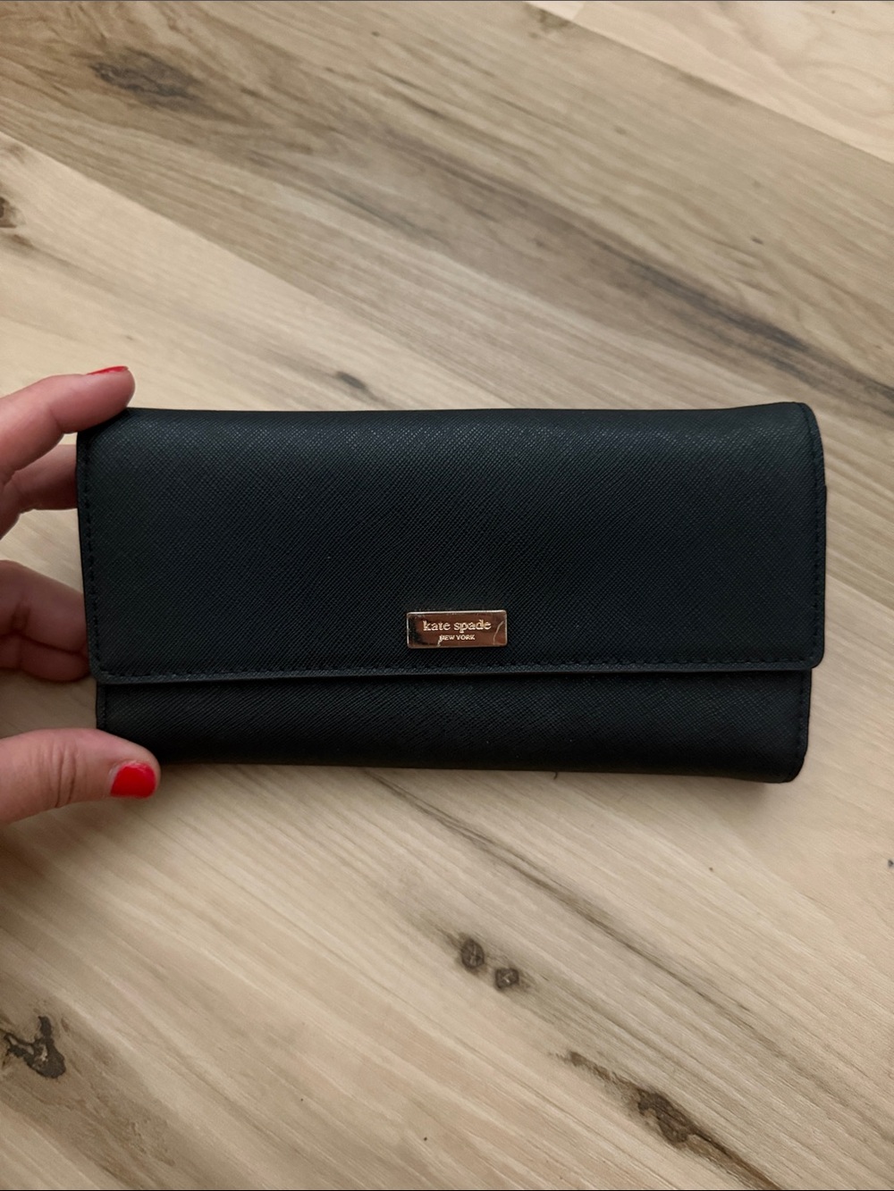 kate spade Black Saffiano Trifold Wallet with Gold Plaque